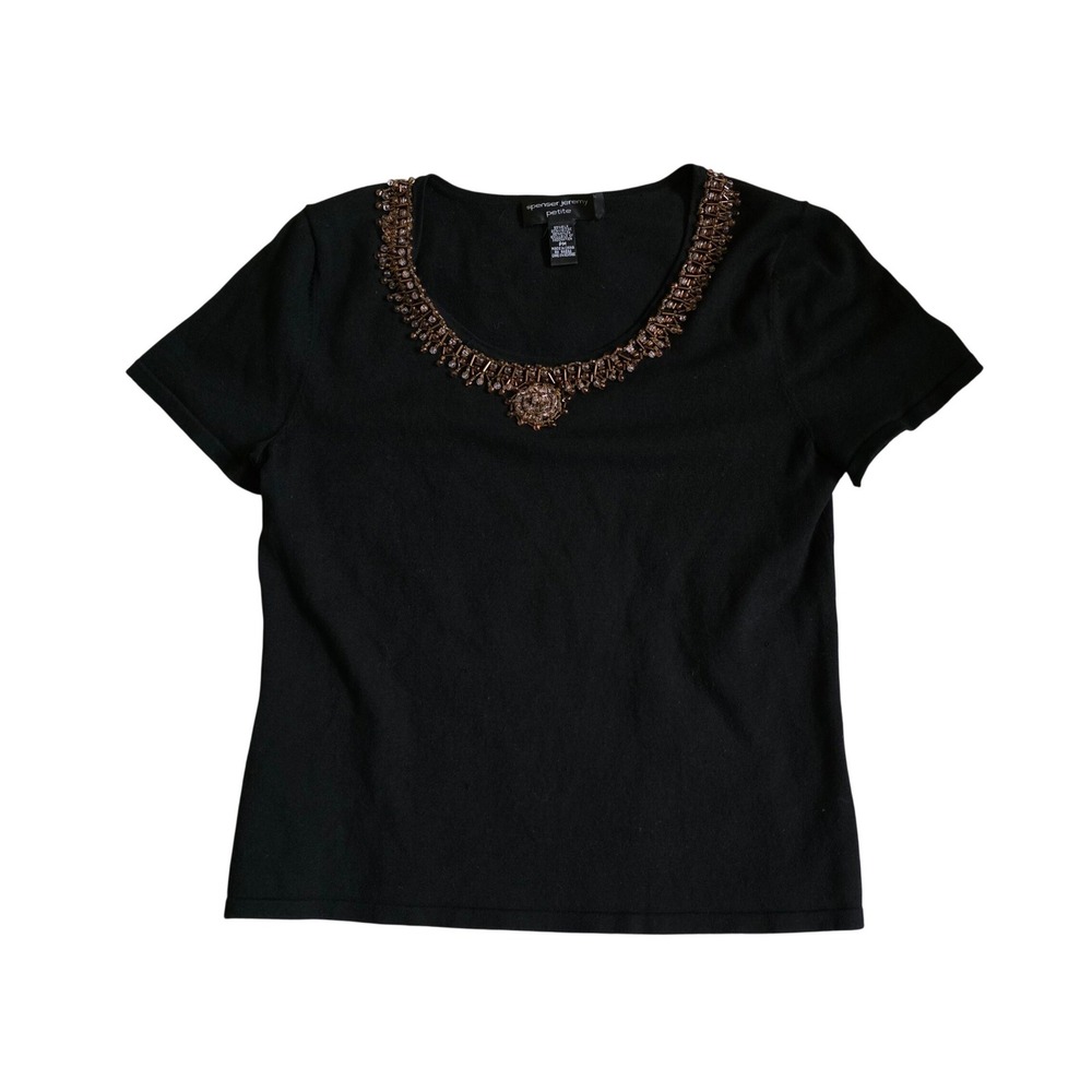 Spenser Jeremy Petite Black Silk Blend Beaded Neckline Short Sleeve Top PM‎